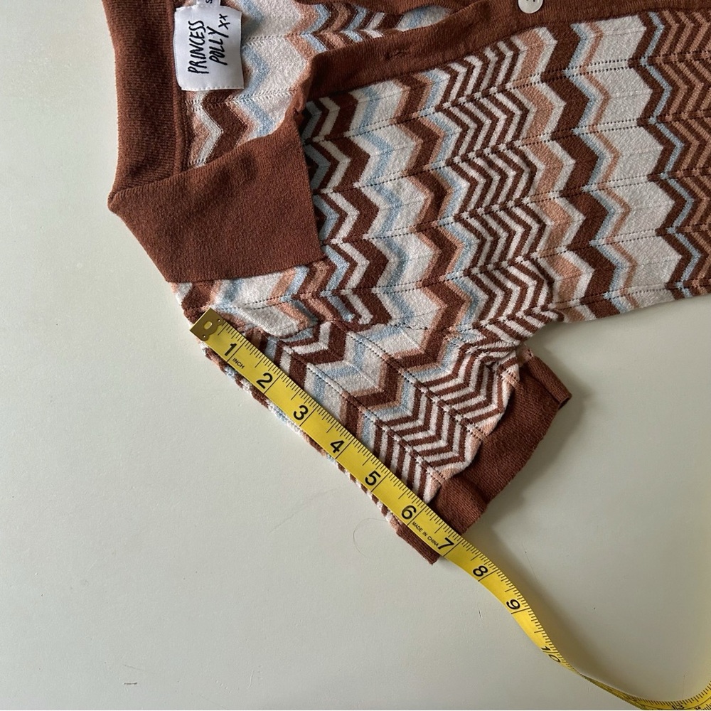 Princess Polly Brown Zigzag Knit Polo Top Cropped Short Sleeve Sweater Size S/M - Picture 7 of 7